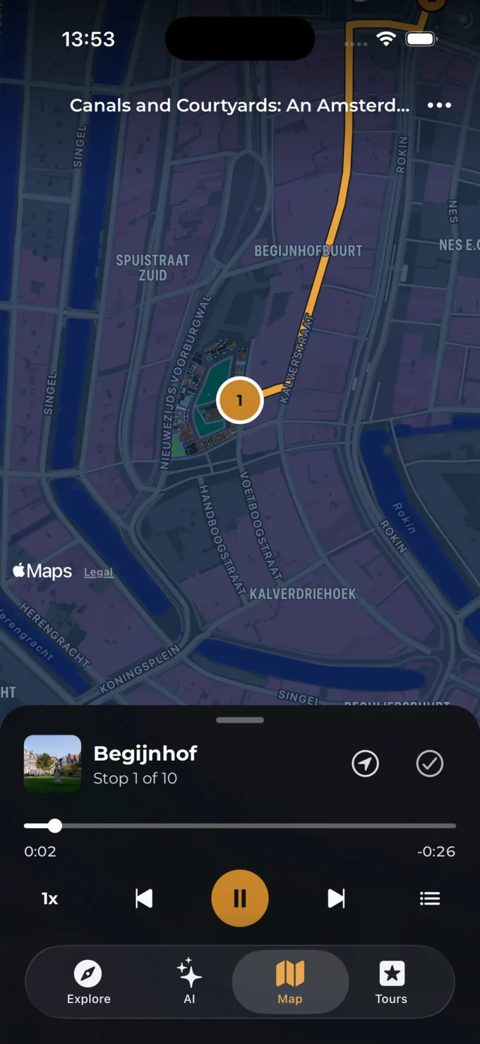 Voyay audio tour player on a live map of Amsterdam, playing the first stop of a walking tour